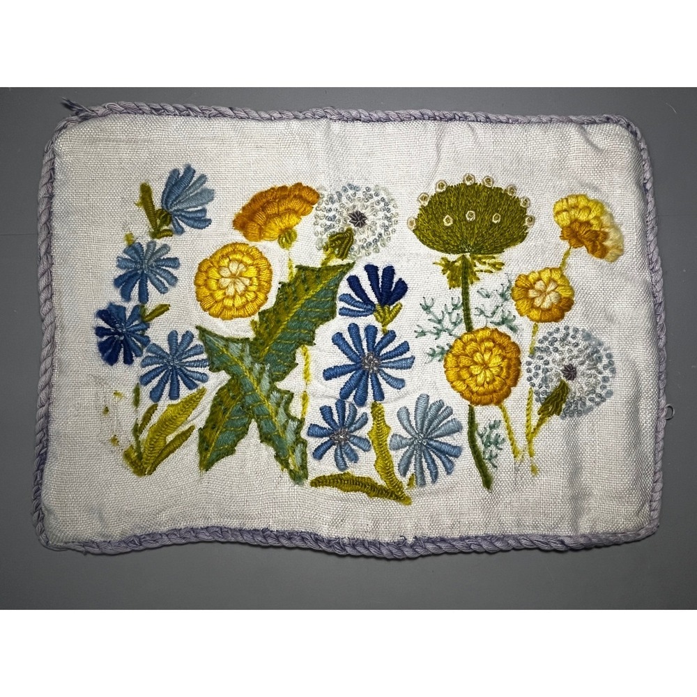 Vintage Hand Embroidered Floral Linen Pillow Cover Dandelion‎ Wildflower 18x13"